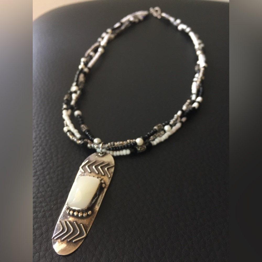 Black, White, Silver Multi Strand Necklace - Mother of Pearl Pendant - Handmade